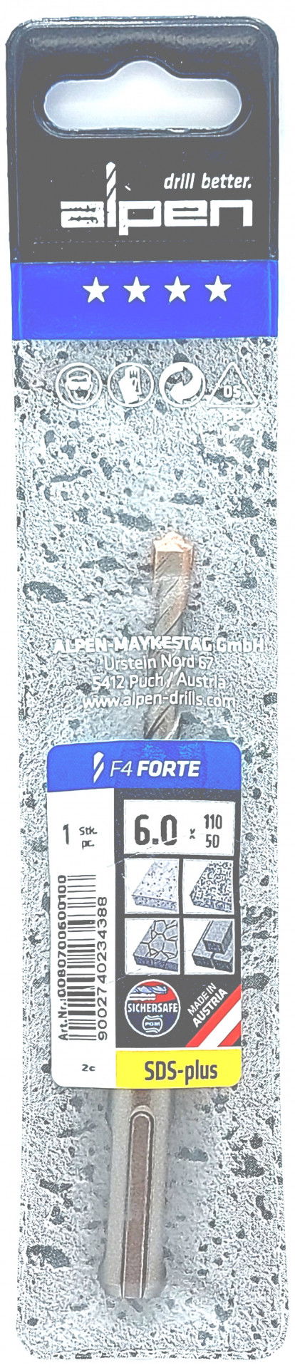 Alpen Kalapácsos fúrószár SDS-plus 6.0x110x50mm 1020678 termék fő termékképe