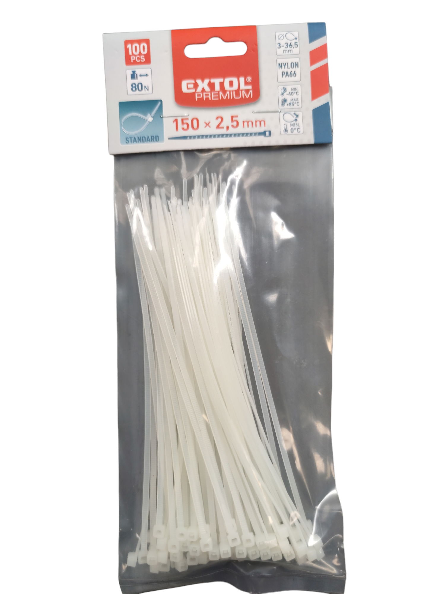 Extol Premium Kábelkötegelő 2,5x150mm 100db,fehér nylon UV-sav és lúgálló 8856104 termék fő termékképe