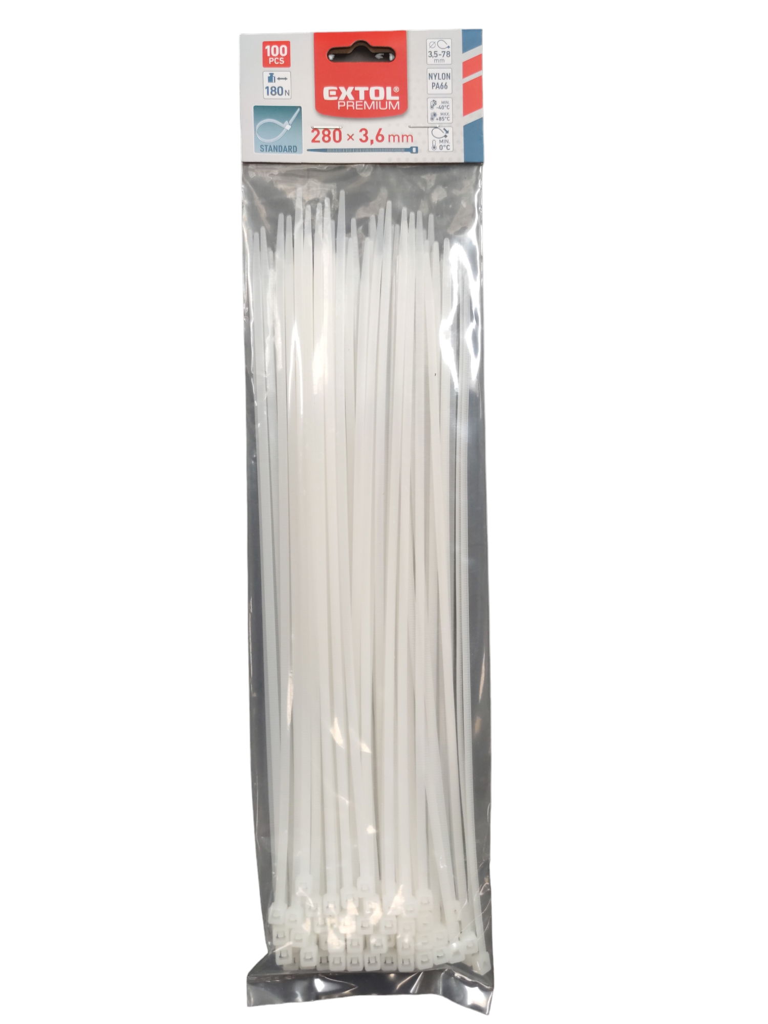 Extol Premium Kábelkötegelő 3,6x280mm 100db,fehér nylon UV-sav és lúgálló 8856108 termék fő termékképe