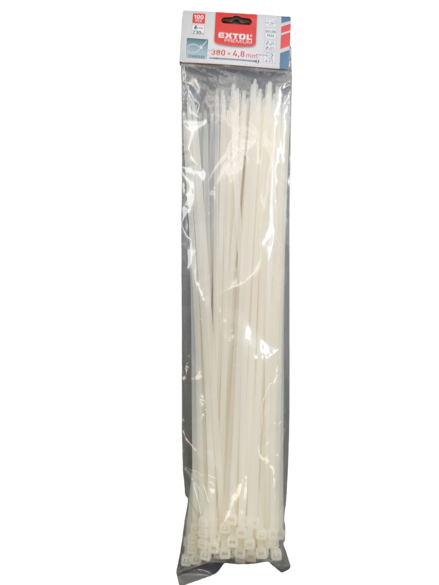Extol Premium Kábelkötegelő 4,8x380mm 100db,fehér nylon UV-sav és lúgálló 8856114 termék fő termékképe