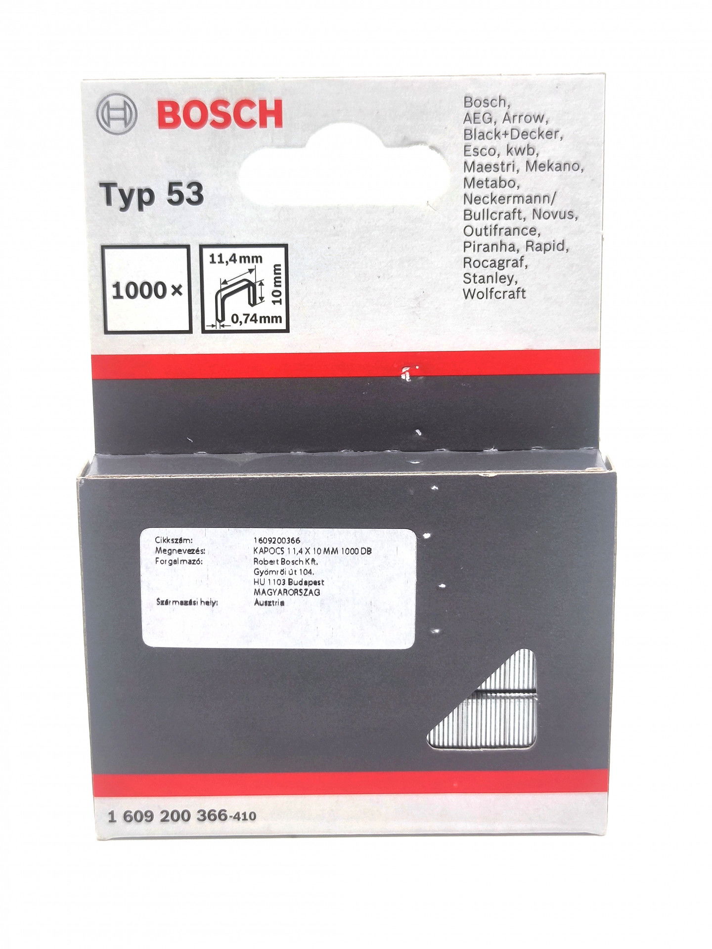 Bosch Tűzőkapocs, 53-as típus, 11,4 x 0,74 x 10 mm, rozsdamentes acél 1000 db/csomag 1609200366410 termék fő termékképe