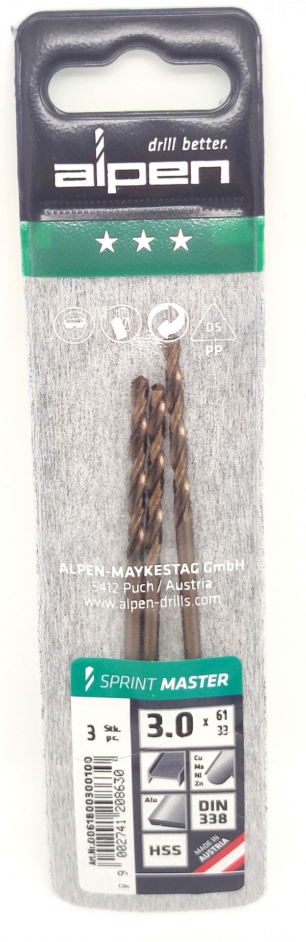 Alpen Csigafúró HSS Sprint Master DIN 338 3.0x61x33mm 3db/csomag 1232316 termék fő termékképe