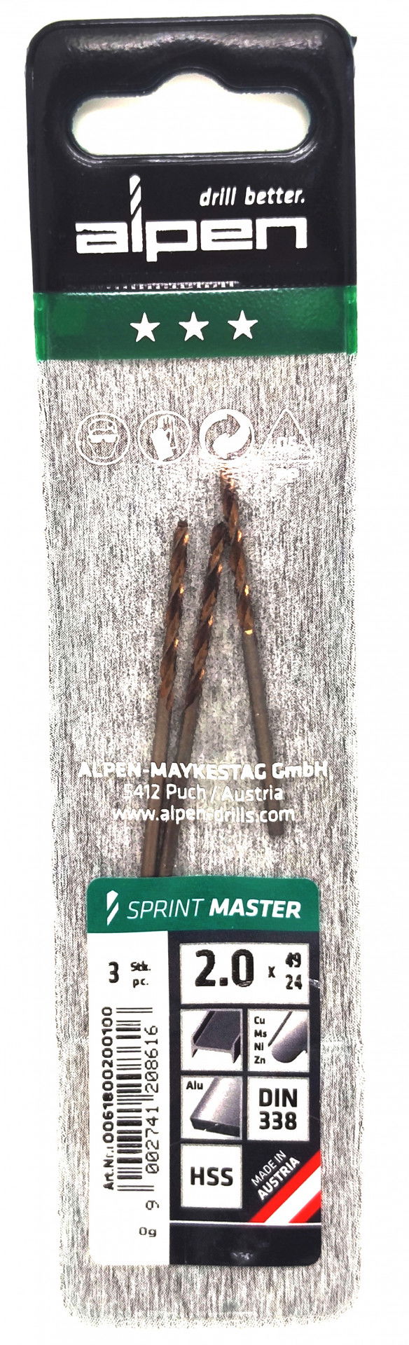 Alpen Csigafúró HSS Sprint Master DIN 338 2.0x49x24mm 3db/csomag  1232314 termék fő termékképe