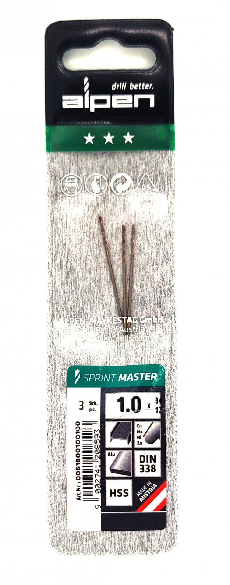 Alpen Csigafúró HSS Sprint Master DIN 338 1.0x34x12mm 3db/cs 1232312 termék fő termékképe