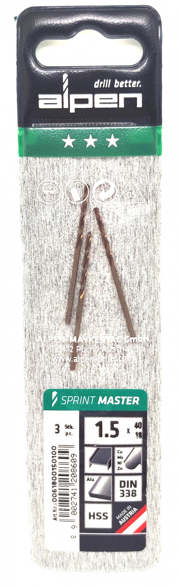 Alpen Csigafúró HSS Sprint Master DIN 338 1.5x40x18mm 3db/cs 1232313 termék fő termékképe