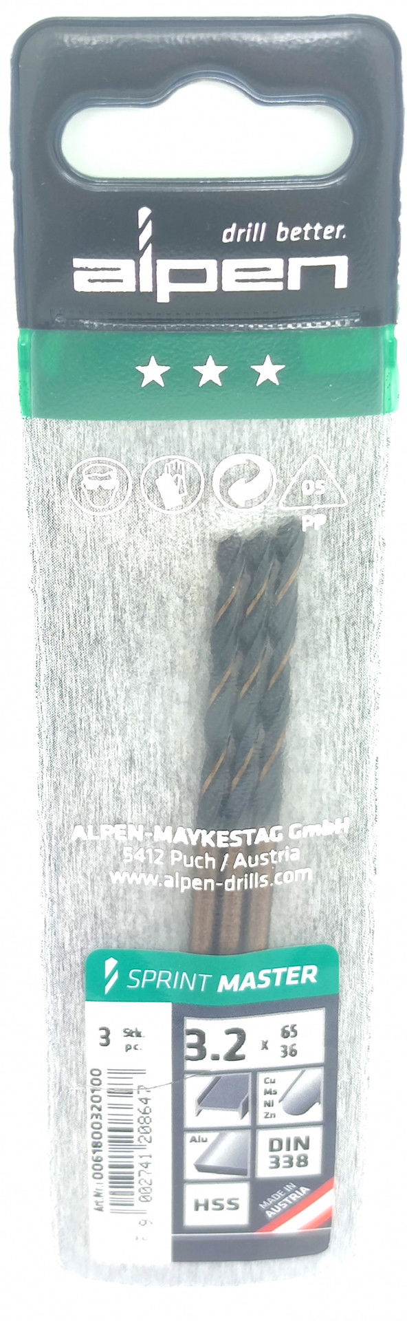Alpen Csigafúró HSS Sprint Master DIN 338 3.2x65x36mm 3db/csomag 1232317 termék fő termékképe