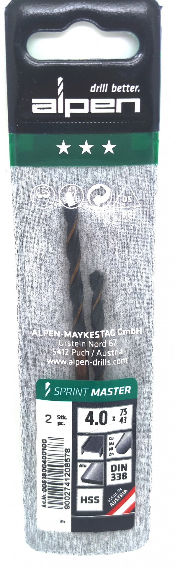 Alpen Csigafúró HSS Sprint Master DIN 338 4.0x75x43mm 2db/csomag 1232320 termék fő termékképe