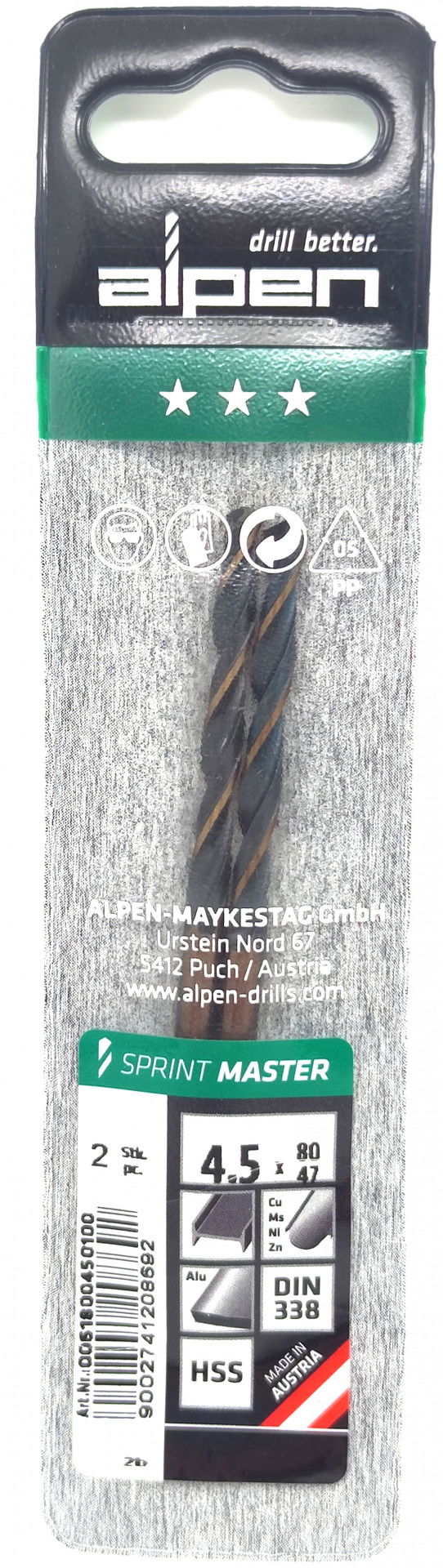 Alpen Csigafúró HSS Sprint Master DIN 338 4.5x80x47mm 2db/cs 1232322 termék fő termékképe