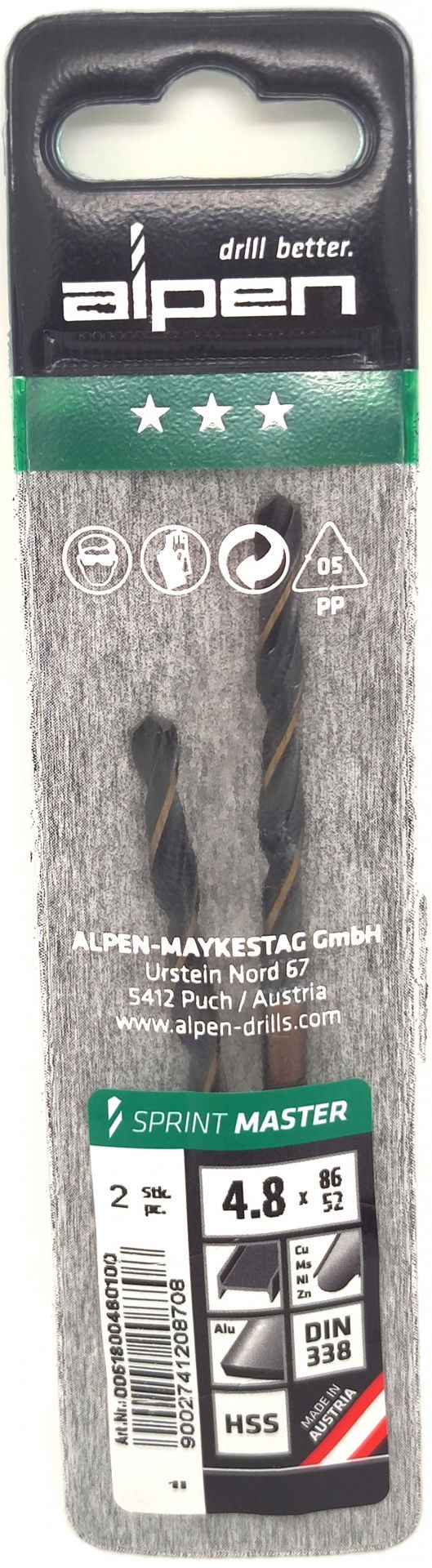 Alpen Csigafúró HSS Sprint Master DIN 338 4.8x86x52mm 2db/cs 1232322 termék fő termékképe
