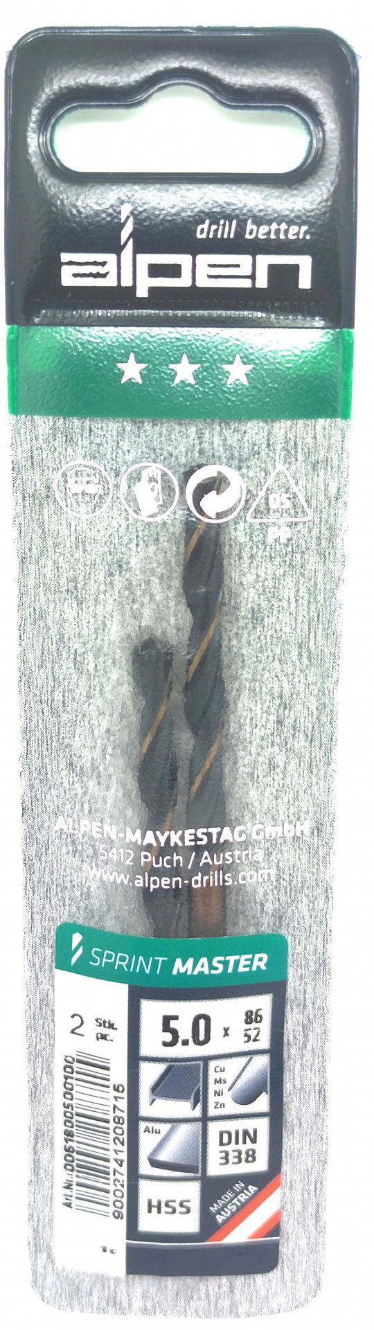 Alpen Csigafúró HSS Sprint Master DIN338, átm: 5,0mm 2er bliszt. 1232324 termék fő termékképe