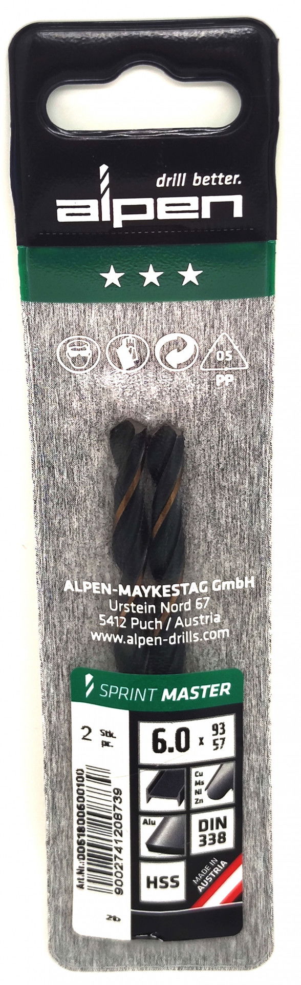Alpen Csigafúró HSS Sprint Master DIN 338 6.0x93x57mm 2db/cs 1232326 termék fő termékképe