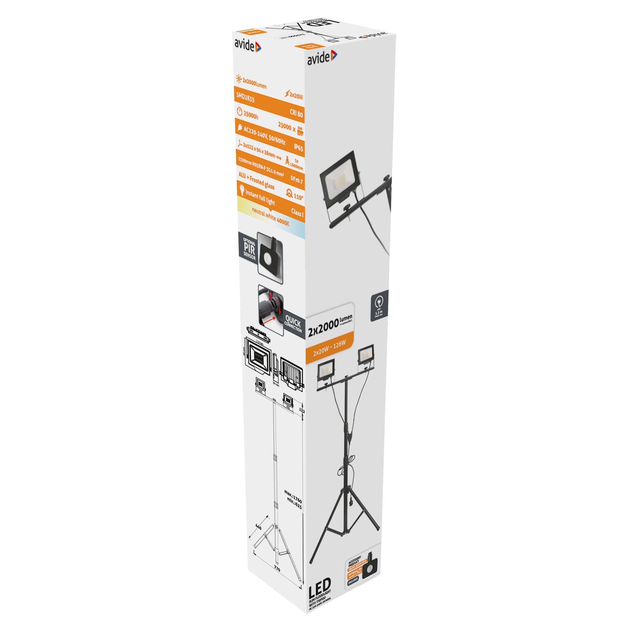 Avide LED Reflektor Slim SMD 2x20W NW 4000K 2 fej Tripoddal Opc. PIR termék fő termékképe