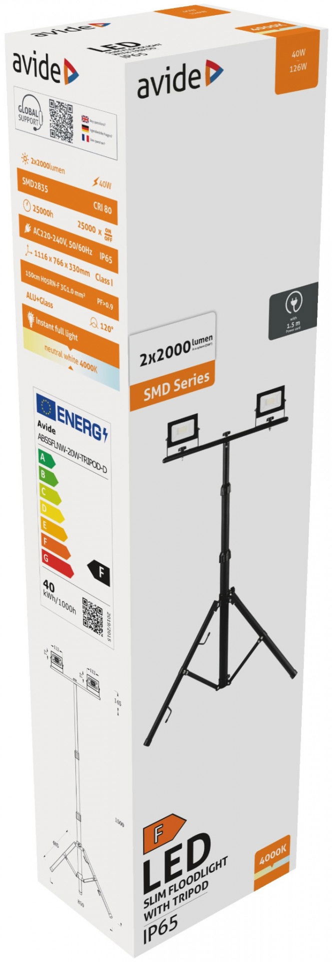 Avide LED Reflektor Slim SMD 2x20W NW 4000K 2 fej Tripoddal (ABSSFLNW-20W-TRIPOD-D) termék fő termékképe