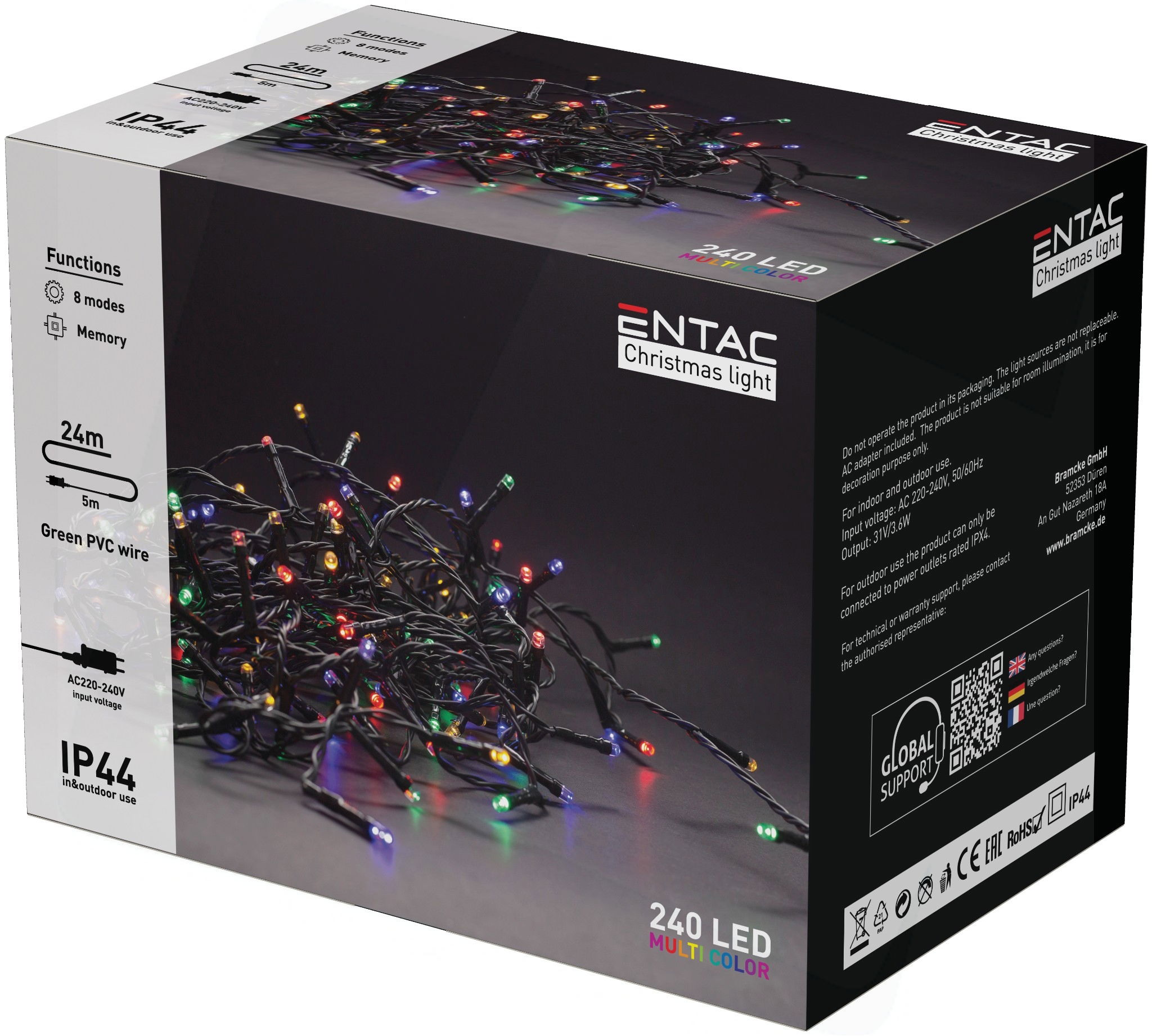 Entac Karácsonyi IP44 240 LED Füzér Színes 24m ECL240MC termék fő termékképe