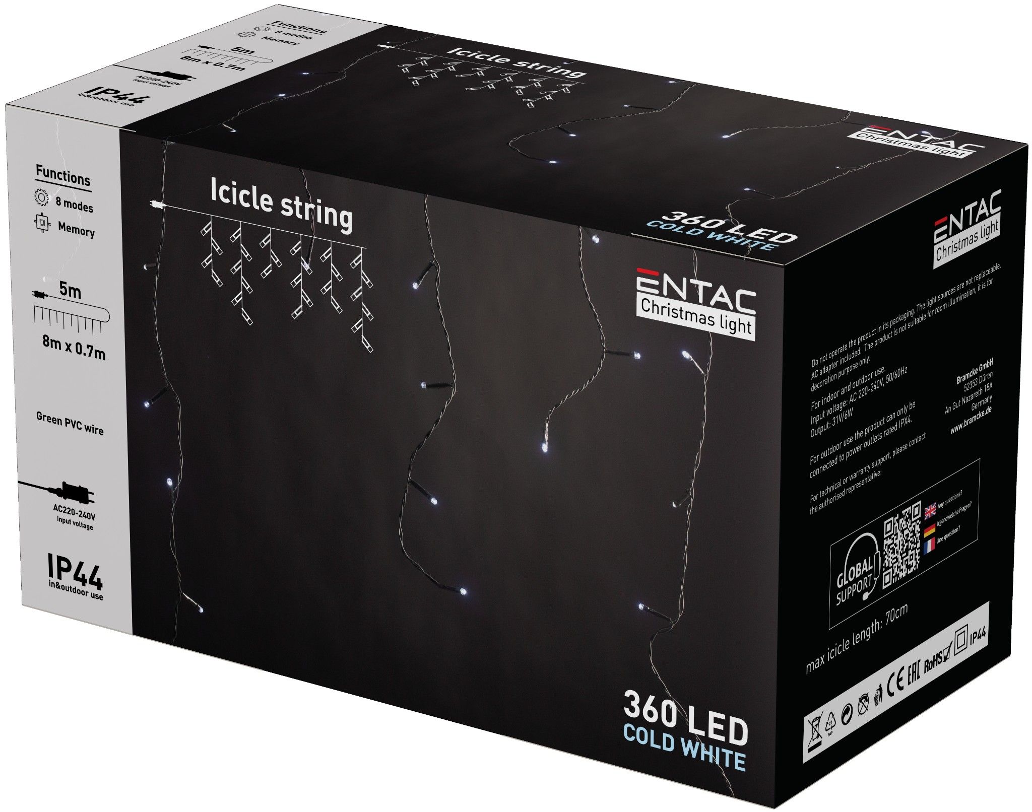 Entac Karácsonyi IP44 360 LED Jégcsapfüzér CW 8m termék fő termékképe