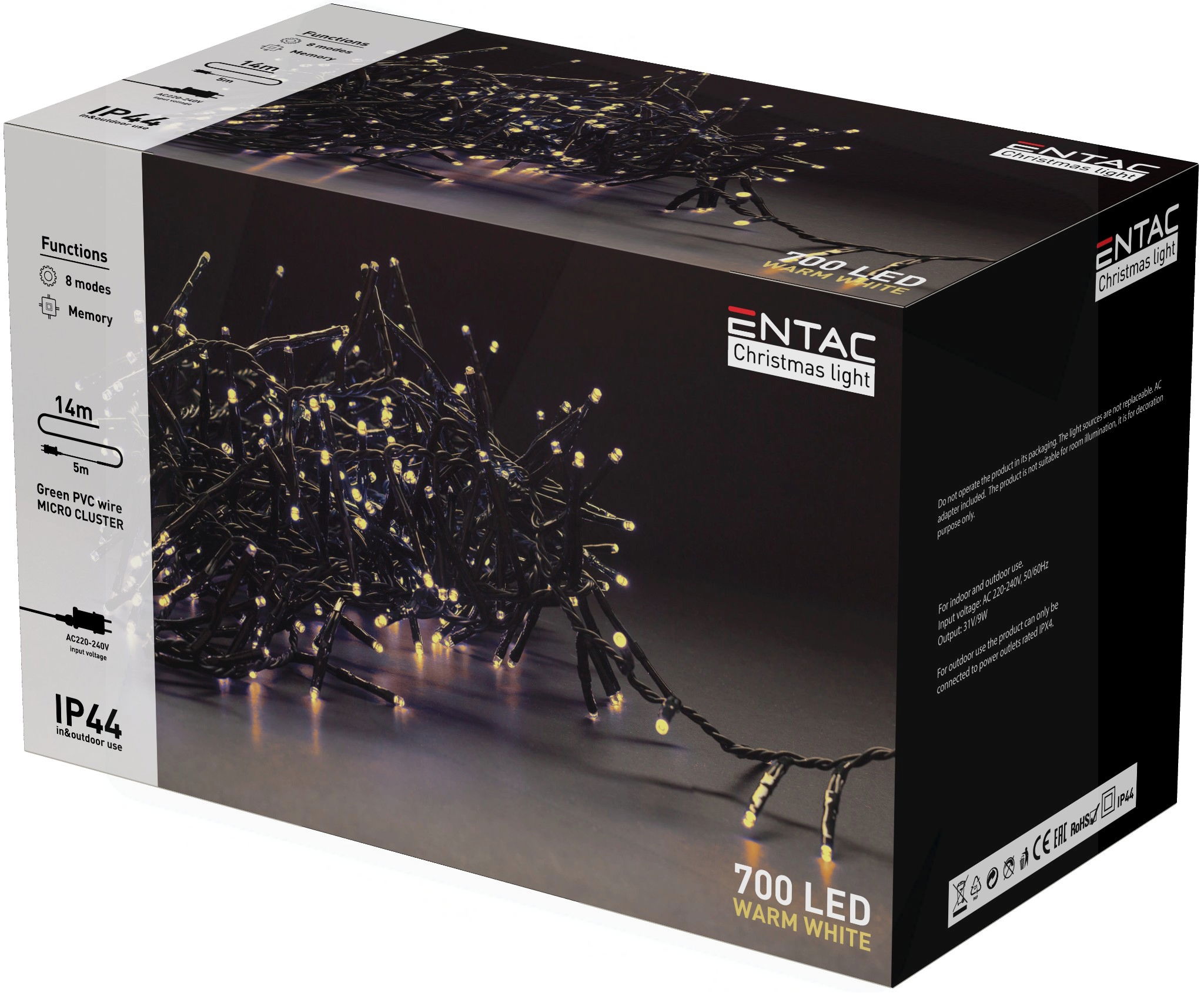 Entac Karácsonyi IP44 700 LED Fürtös Fénysor WW 14m ECL-M700WW termék fő termékképe