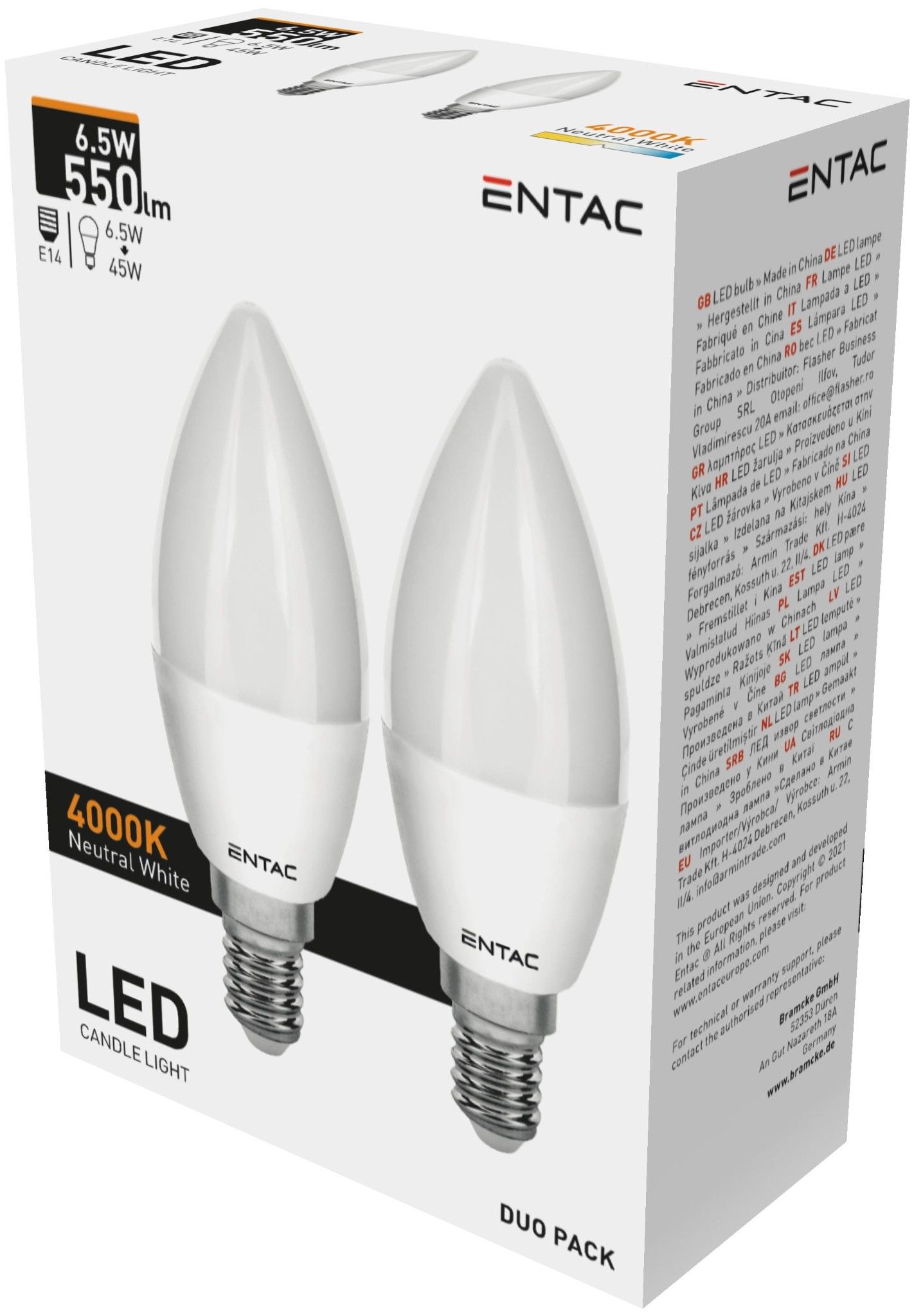 Entac LED Candle E14 6,5W NW 4000K izzó készlet 2db/csomag termék fő termékképe